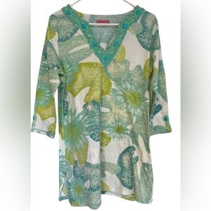 Joyous & Free Women’s Floral V-Neck Jewel Embellished Long Line Tunic Top SzL